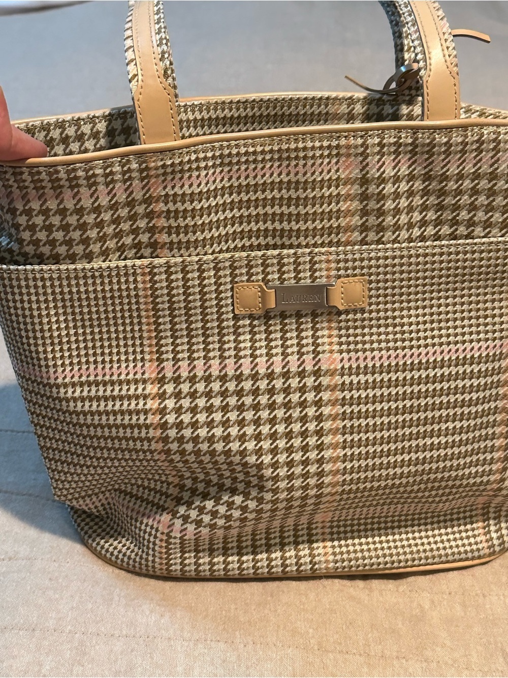 Lauren Ralph Lauren Beige and Pink Houndstooth Tote 12” x 10”